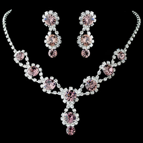 Silver Bridal Wedding Necklace & Earring Set with Light Amethyst Crystals 4362