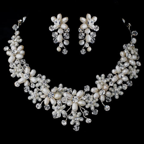 Silver Freshwater Pearl & Swarovski Crystal Bead Floral Vine Bridal Wedding Jewelry Set 4434