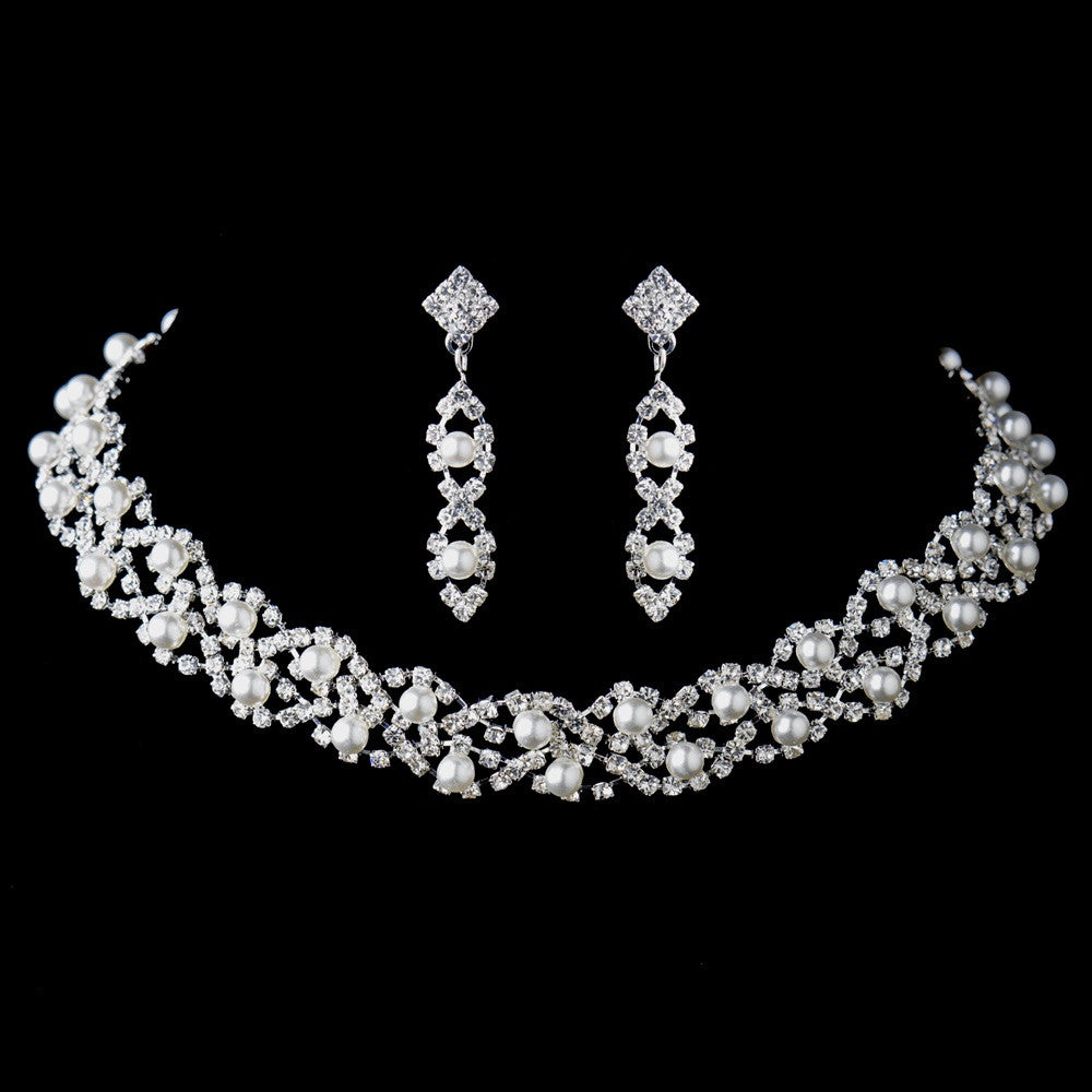 Silver White Pearl & Rhinestone Bridal Wedding Necklace & Earrings Set 47016