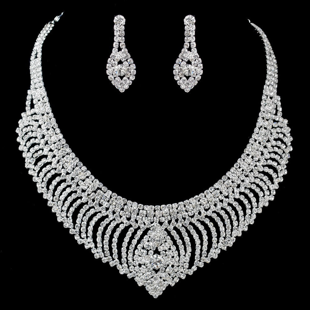 Silver Clear Rhinestone Statement Bridal Wedding Jewelry Set 47496