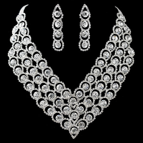 Silver Clear Round Rhinestone Statement Bridal Wedding Jewelry Set 47497