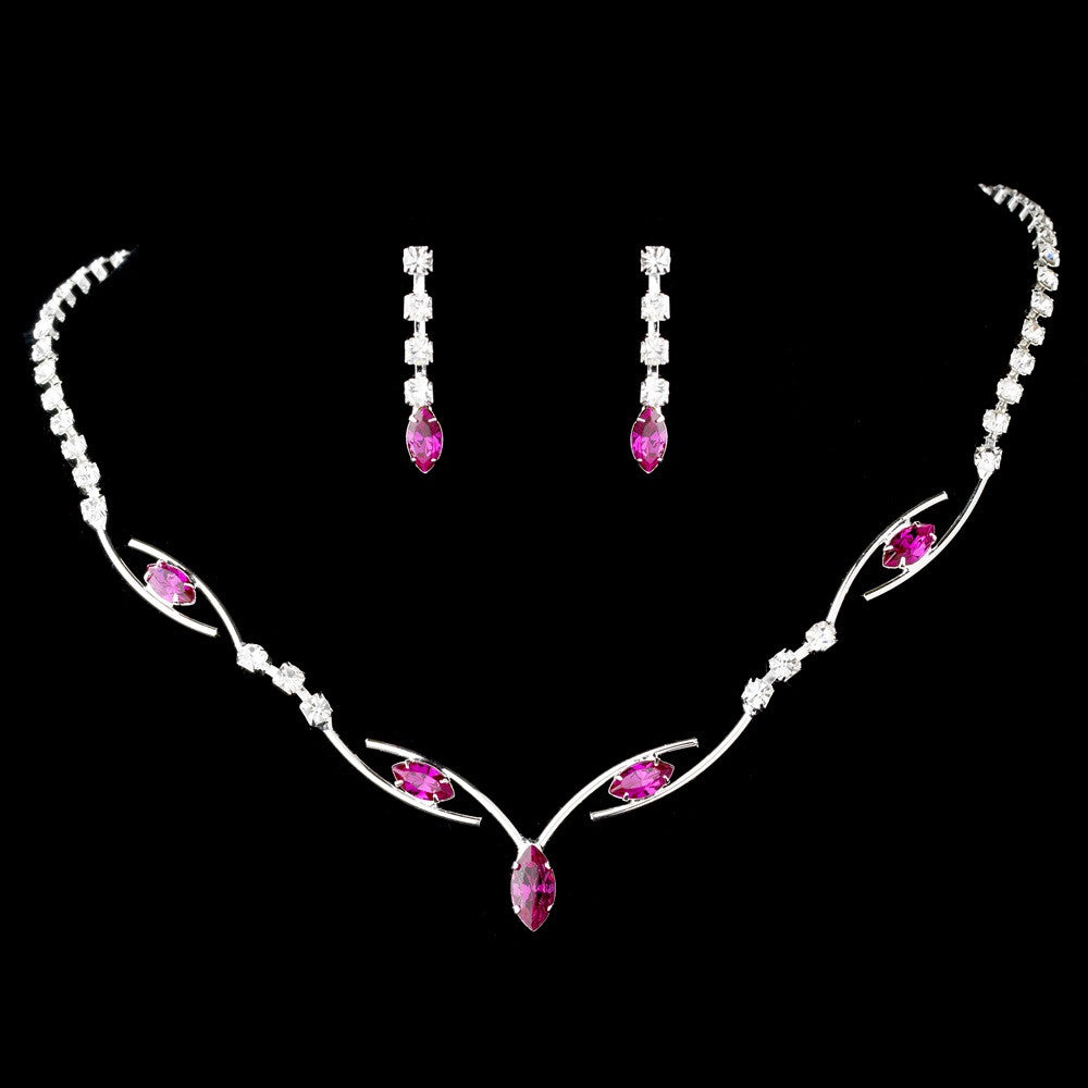 Silver Fuchsia Bridal Wedding Necklace Earring Set 5104