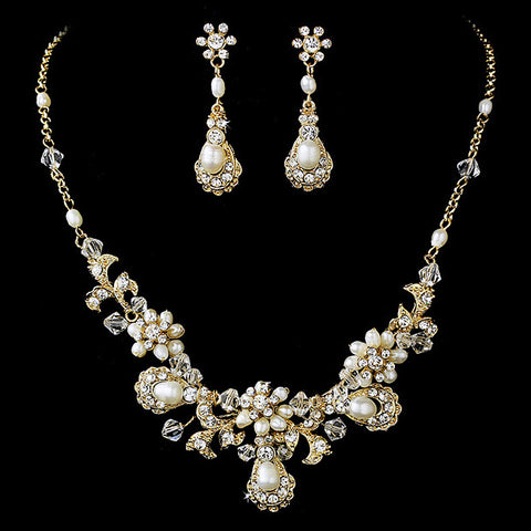 Ravishing Gold Clear Crystal & Freshwater Pearl Bridal Wedding Necklace & Earring Set 6291