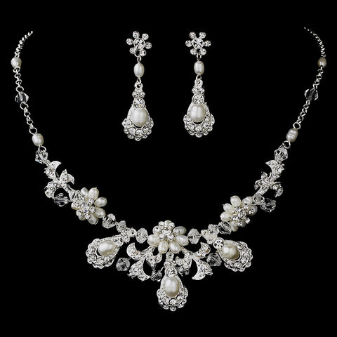 Ravishing Silver Clear Crystal & Freshwater Pearl Bridal Wedding Necklace & Earring Set 6291
