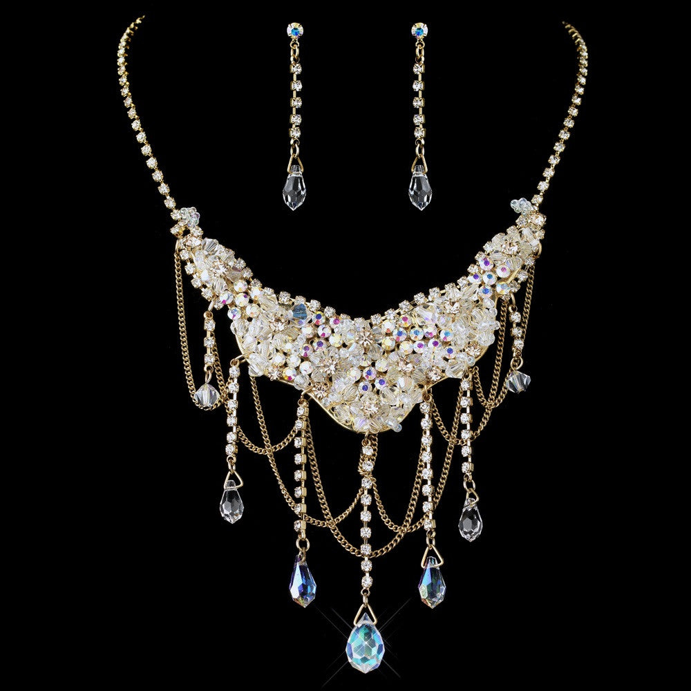 Gold AB & Light Topaz Crystal Statement Bridal Wedding Jewelry Set 6507