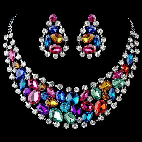 Multi Colored Rhinestone Statement Bridal Wedding Necklace & Earrings Set 6571