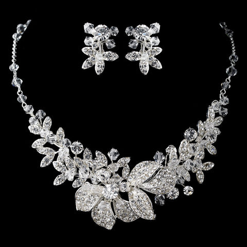 Silver Rhodium Clear Swarovski Crystal Bead & Rhinestone Floral Bridal Wedding Jewelry Set 6821