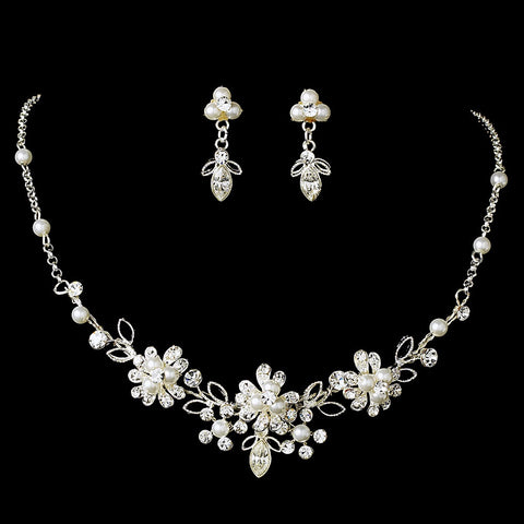 Dainty Silver Clear Rhinestone & White Pearl Flower Bridal Wedding Necklace & Earring Set 6858