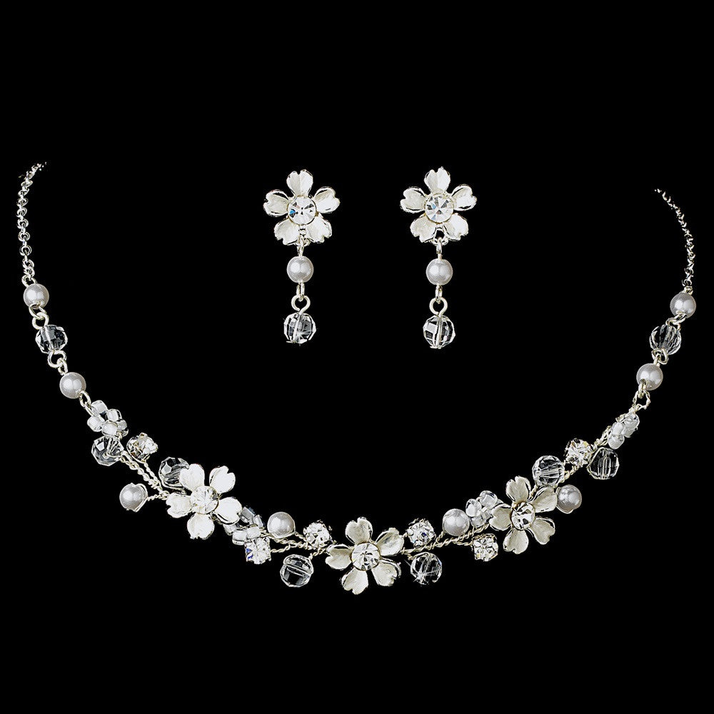 Fabulous Silver Clear Crystal & White Pearl Flower Bridal Wedding Necklace & Earring Set 6878