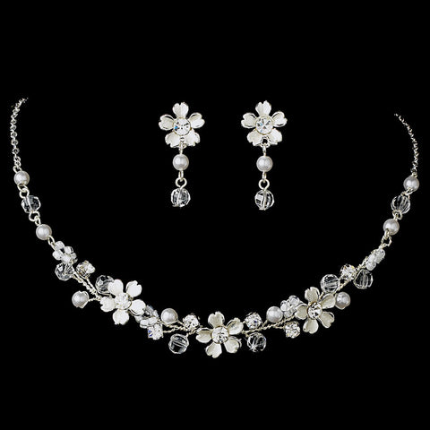 Fabulous Silver Clear Crystal & White Pearl Flower Jewelry 6878 & Bridal Wedding Headband 7877 Set