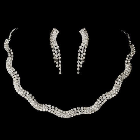 Silver Clear Rhinestone Bridal Wedding Necklace & Earring Set NE 70088