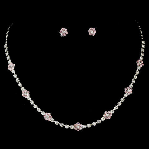 * Silver Pink Bridal Wedding Necklace Earring Set 70156