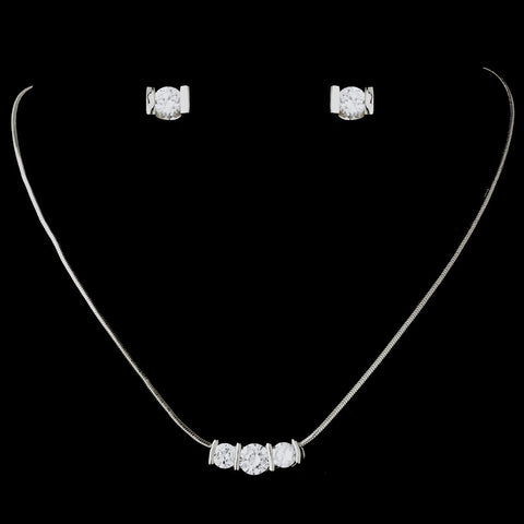 Silver Crystal Cubic Zirconia Three Stone Bridal Wedding Jewelry Set NE 70734