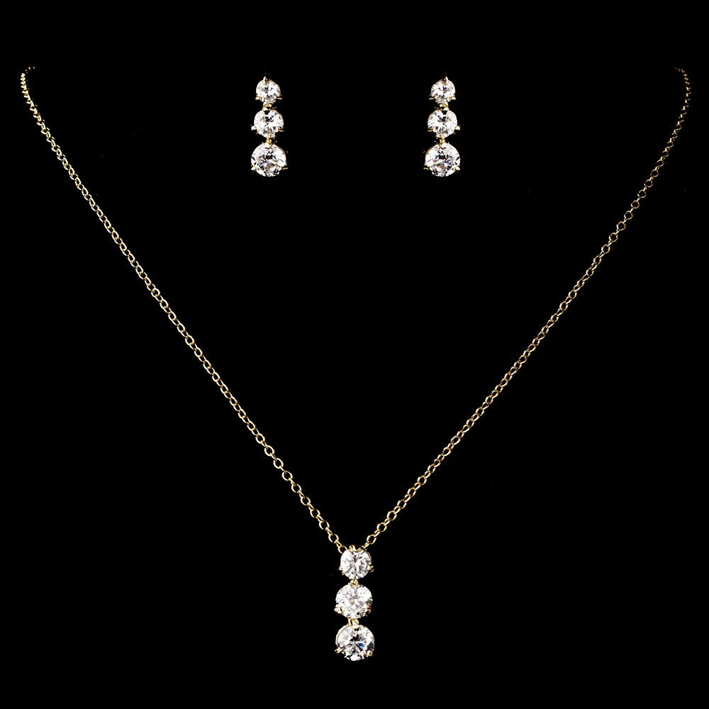 Gold Clear Crystal Cubic Zirconia Drop Jewelry Bridal Wedding Necklace Earring Set 70756