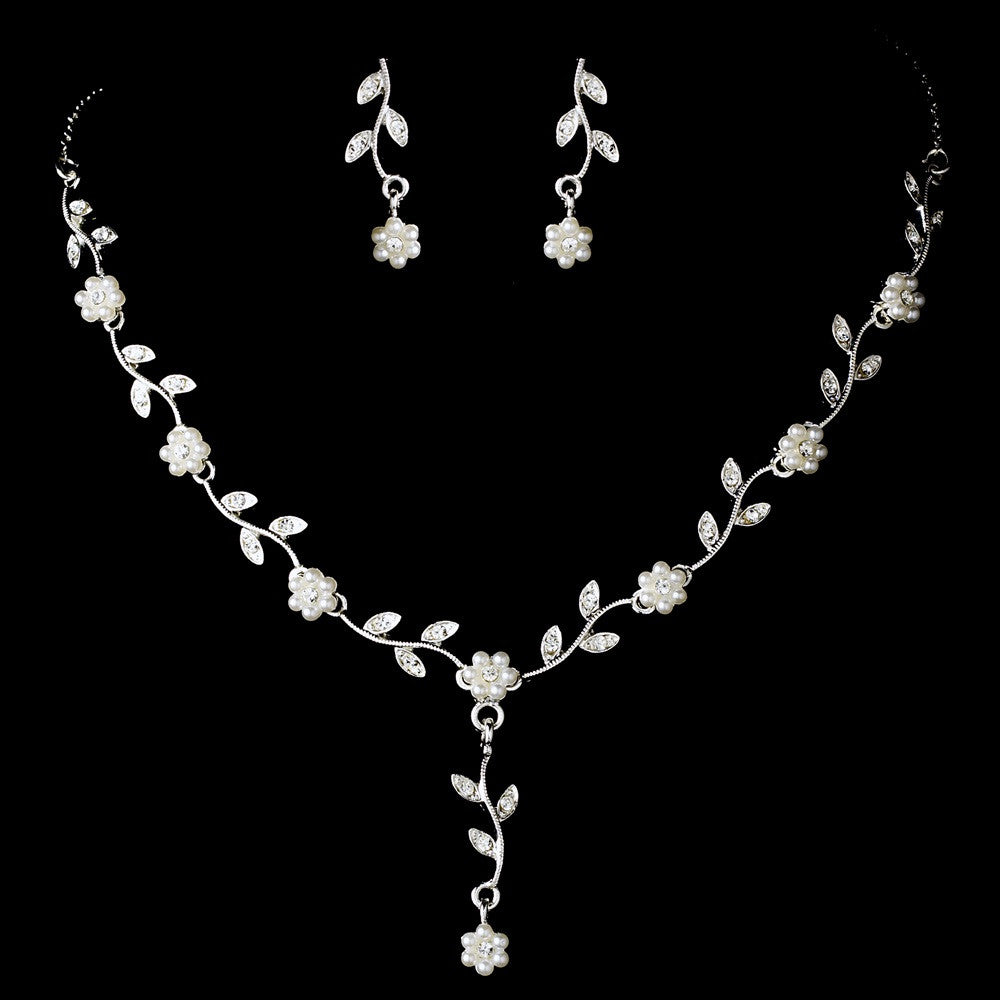 Silver White Bridal Wedding Necklace Earring Set 70863