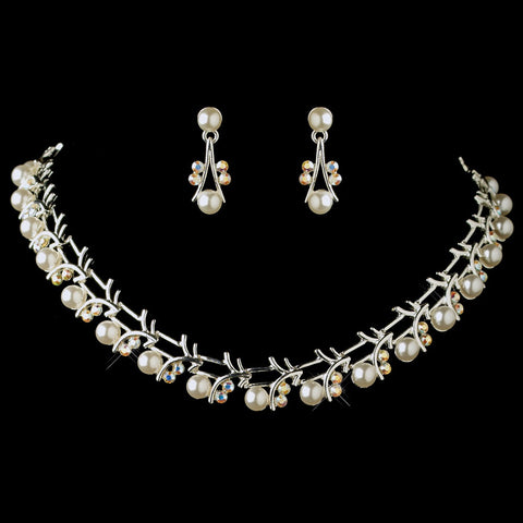 Silver AB Rhinestone & White Pearl Bridal Wedding Jewelry Set 71400