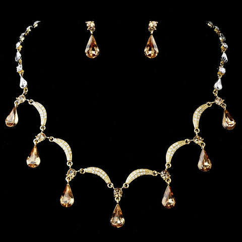 Gold Light Brown Bridal Wedding Necklace Earring Set 71562