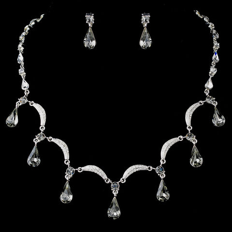 Silver Smoked Black Diamond Bridal Wedding Necklace Earring Set 71562