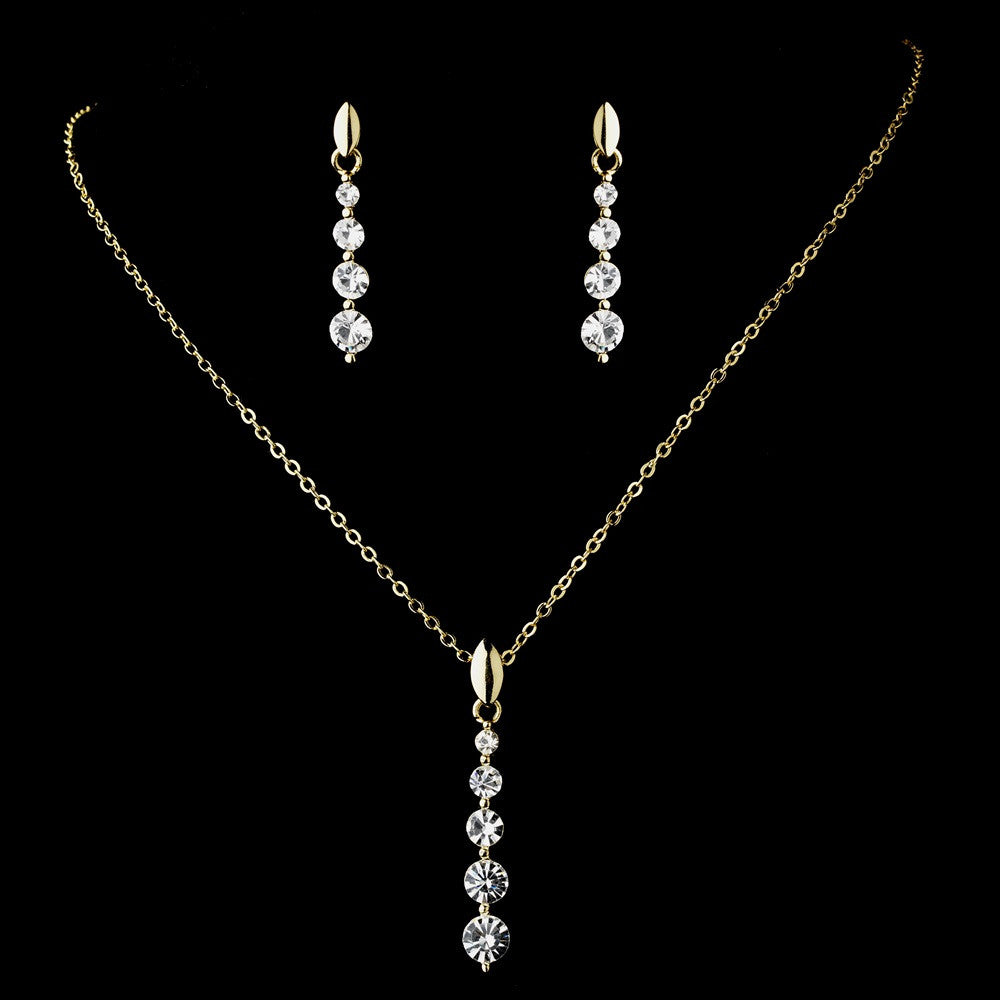 Bridal Wedding Necklace Earring Set-71789-Gold-Clear