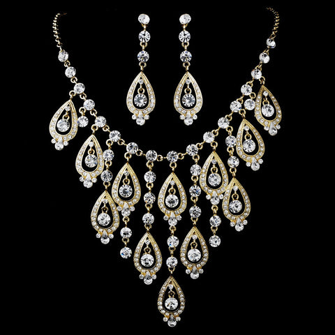 Gold Clear Statement Bridal Wedding Necklace Earring Set 71990
