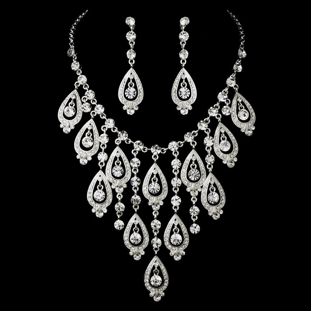 Silver Clear Statement Bridal Wedding Necklace Earring Set 71990