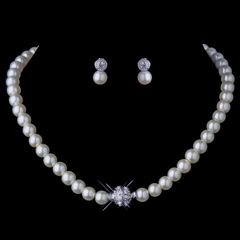 Silver Ivory Glass Pearl Pave Ball Bridal Wedding Jewelry Set 720