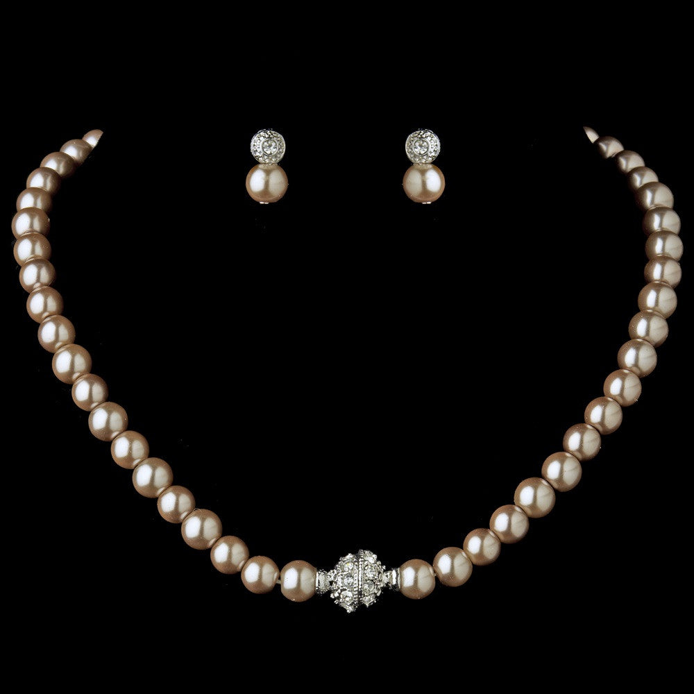 Silver Light Brown Glass Pearl Pave Ball Bridal Wedding Jewelry Set 720