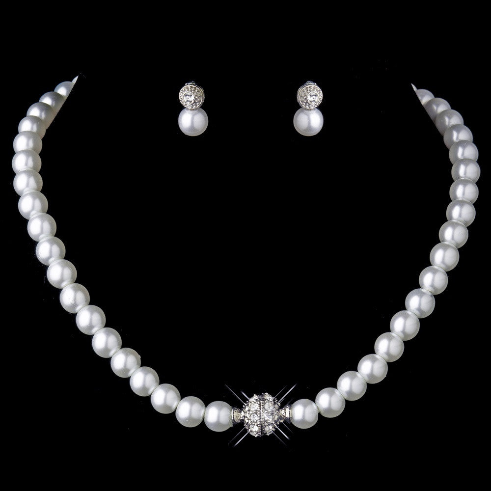 Silver White Glass Pearl Pave Ball Bridal Wedding Jewelry Set 720