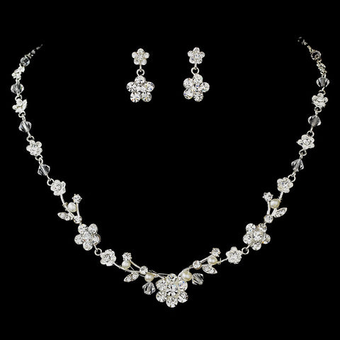 Bridal Wedding Necklace Earring Set NE 7203 Silver with Freshwater Pearl