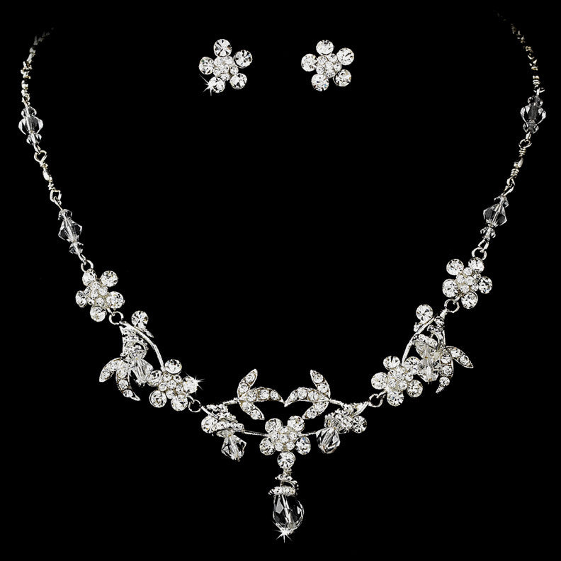 Charming Silver Clear Rhinestone & Crystal Bead Flower Bridal Wedding Necklace & Earring Set 7205