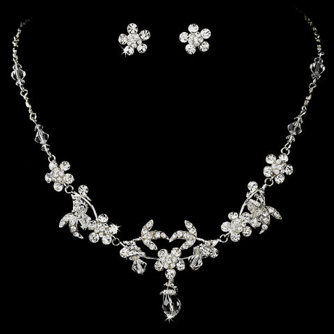 Charming Silver Clear Rhinestone & Crystal Bead Flower Bridal Wedding Necklace & Earring Set 7205