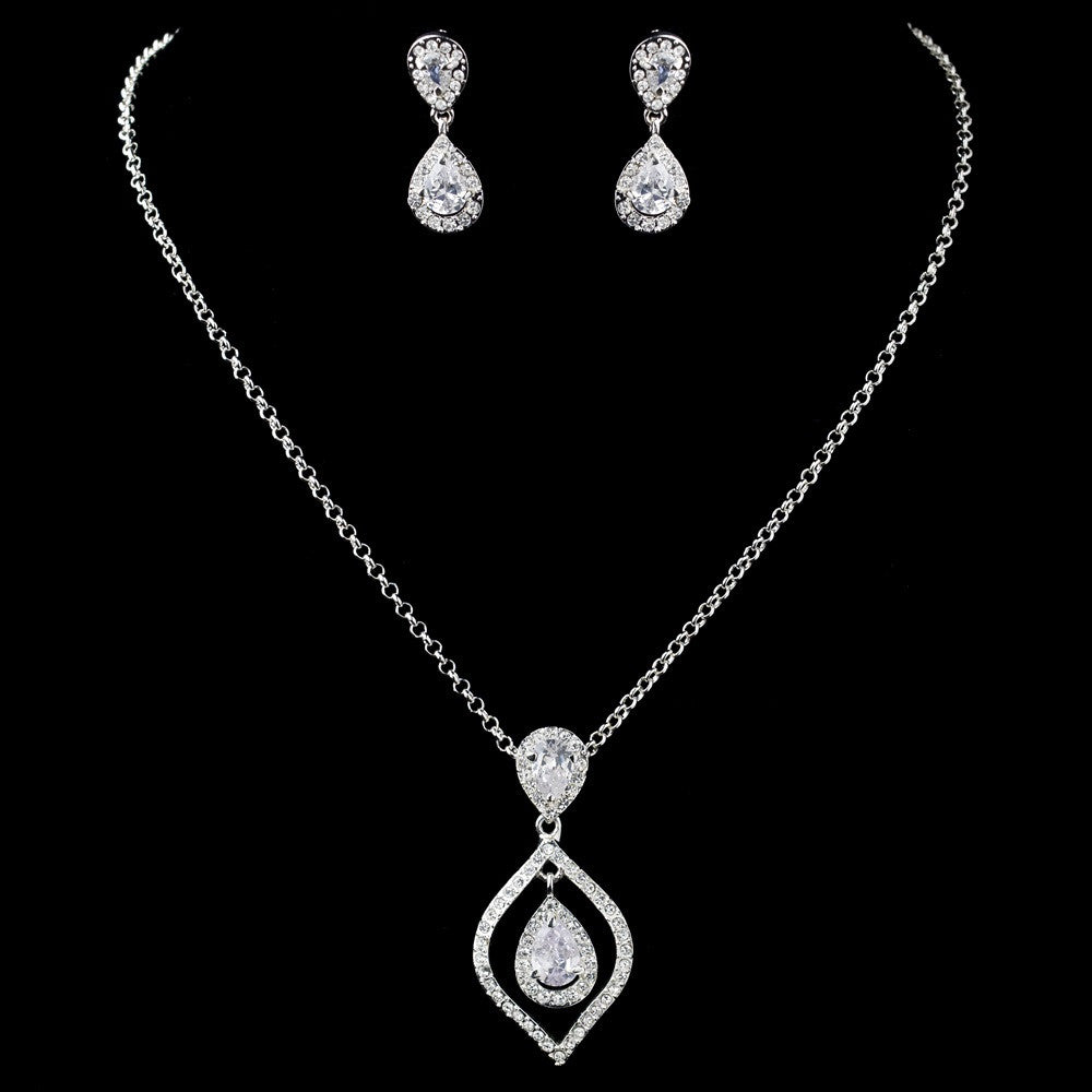 Silver Clear Teardrop CZ Crystal & Rhinestone Drop Bridal Wedding Jewelry Set 72093