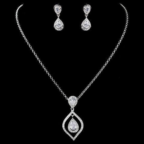 Silver Clear Teardrop CZ Crystal & Rhinestone Drop Bridal Wedding Jewelry Set 72093