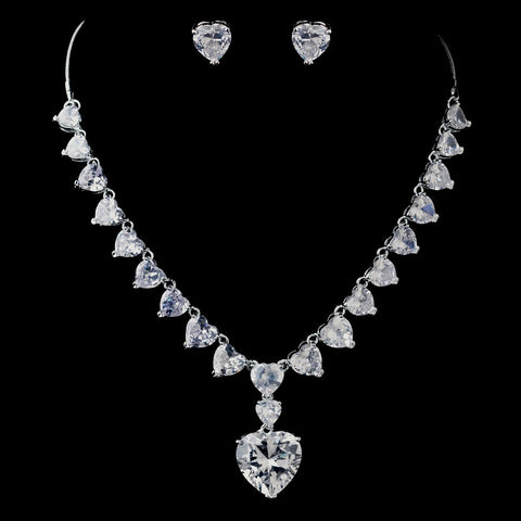 Silver Clear Rhinestone & CZ Crystal Heart Bridal Wedding Jewelry Set 72136