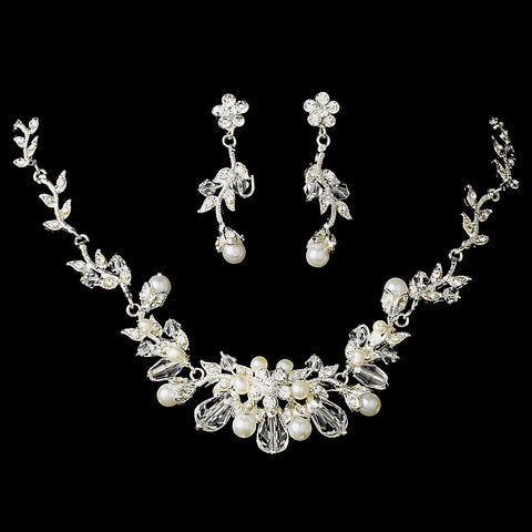 Silver Swarovski Crystal & White Pearl Bridal Wedding Necklace Set NE 7223