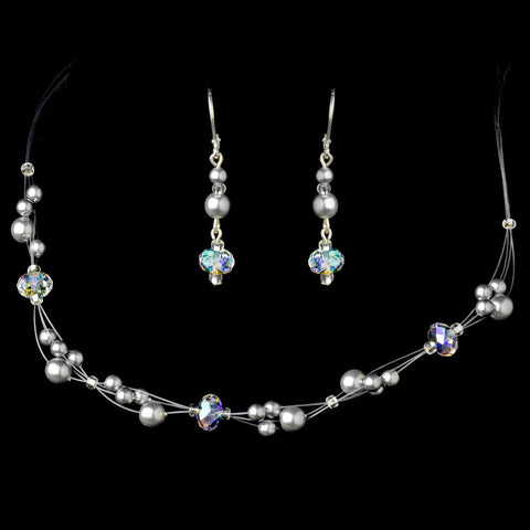 Silver Grey & AB Bridal Wedding Necklace Earring Set 7239