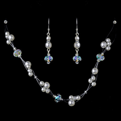 Silver White Bridal Wedding Necklace Earring Set 7239