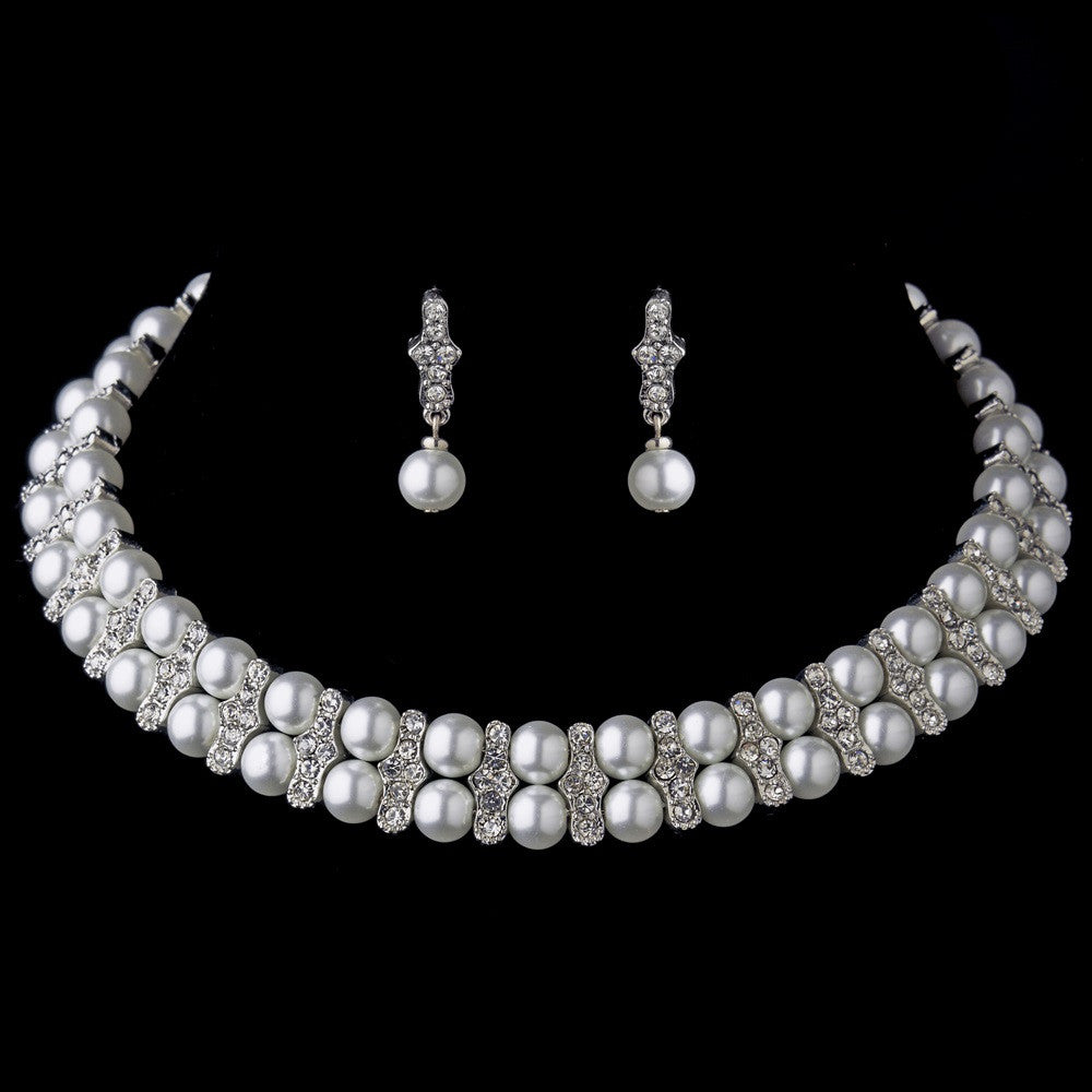 Antique Silver Pearl Coil Bridal Wedding Jewelry Set 724