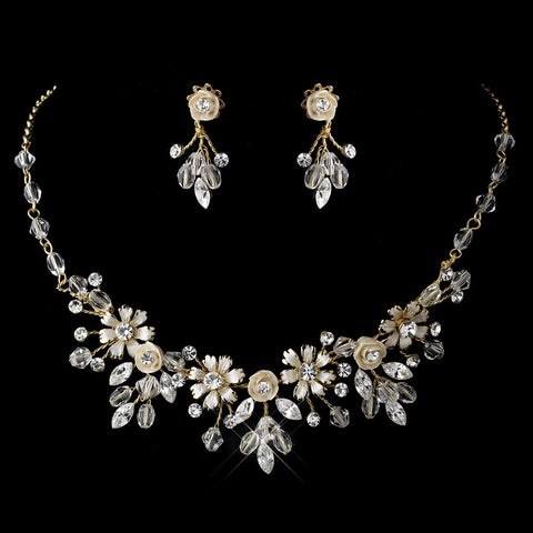 Gold Champagne Pearl & Swarovski Crystal Bead Ceramic Flower Bridal Wedding Headband 9842 & Jewelry 7305 Set