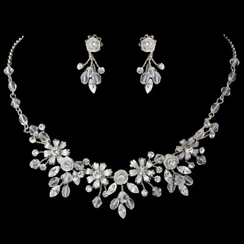 Porcelain Flower Accented Bridal Wedding Necklace Earring Set NE 7305