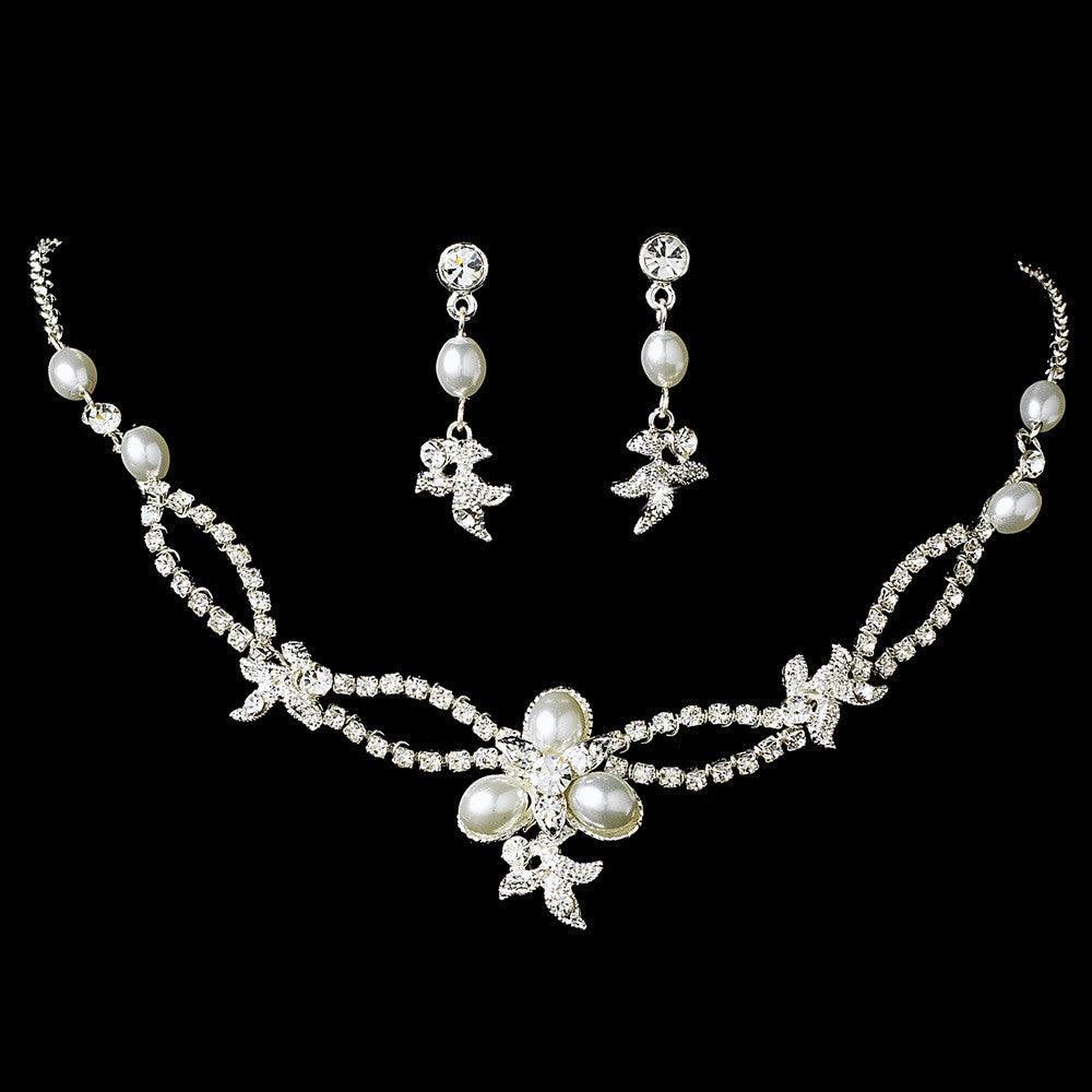 Lovely Silver Clear Rhinestone & White Pearl Bridal Wedding Necklace & Earring Set 7329