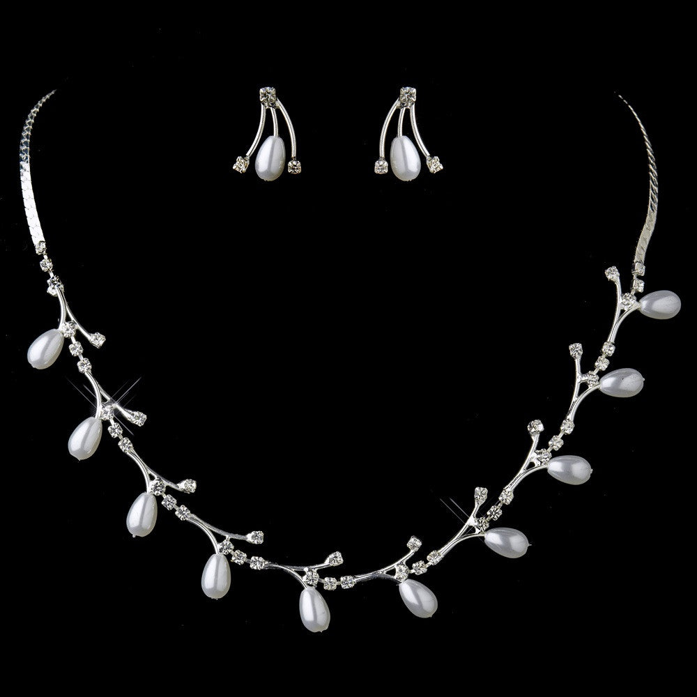 Silver White Tear Drop and Clear Rhinestone Bridal Wedding Jewelry Set 74900