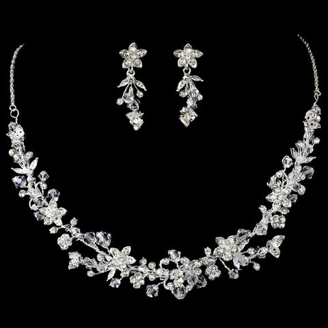 Silver Crystal Floral Bridal Wedding Jewelry Set NE 7600