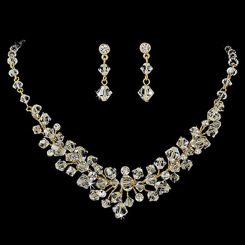 Gold Clear Swarovski Crystal Bridal Wedding Necklace Earring Set NE 7602
