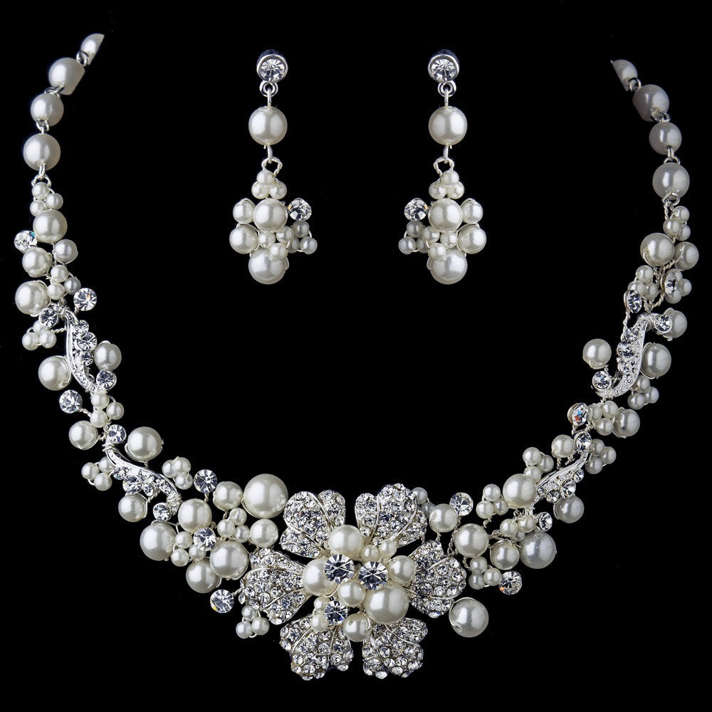 Silver Ivory Pearl & Rhinestone Flower Bridal Wedding Jewelry Set 7660