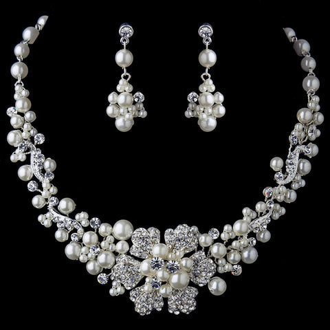 Silver Ivory Pearl & Rhinestone Flower Bridal Wedding Jewelry Set 7660