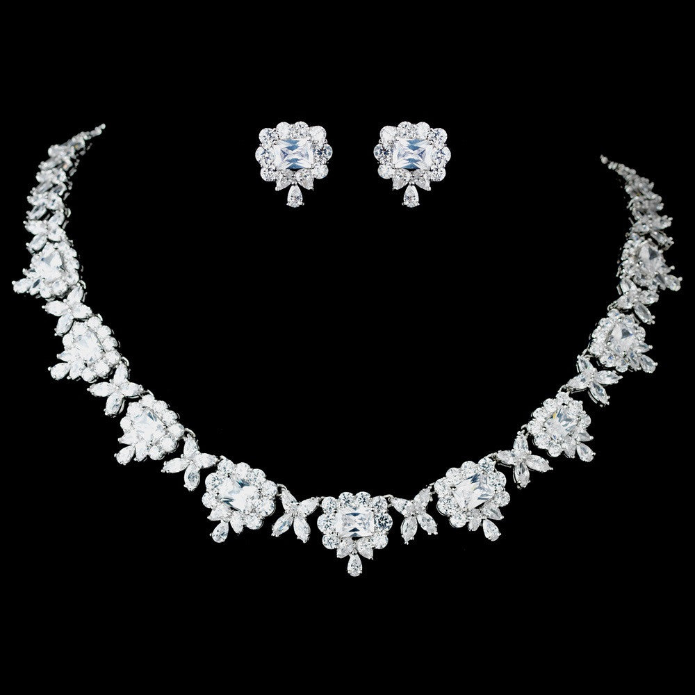 Antique Rhodium Silver Clear CZ Crystal Dainty Bridal Wedding Jewelry Set 7744