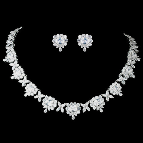 Antique Rhodium Silver Clear CZ Crystal Princess Cut, Teardrop Bridal Wedding Jewelry Set 7745