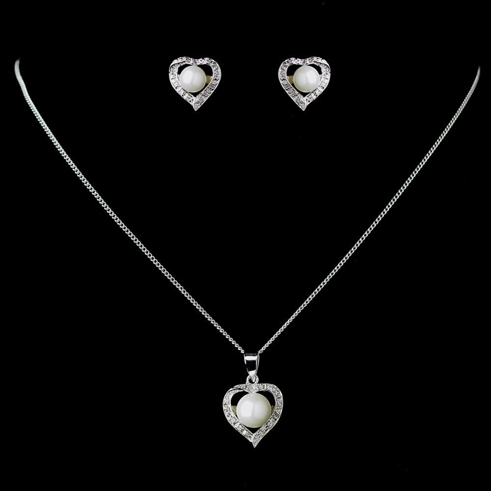 Antique Rhodium Silver White Pearl & CZ Crystal Heart Bridal Wedding Jewelry Set 7750