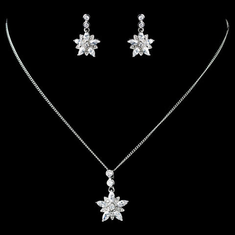 Antique Rhodium Silver Clear CZ Crystal Flower Snowflake Bridal Wedding Jewelry Set 7751